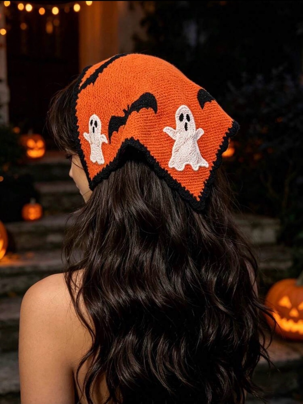 Halloween Ghost Knit Headscarf - Orange & Black